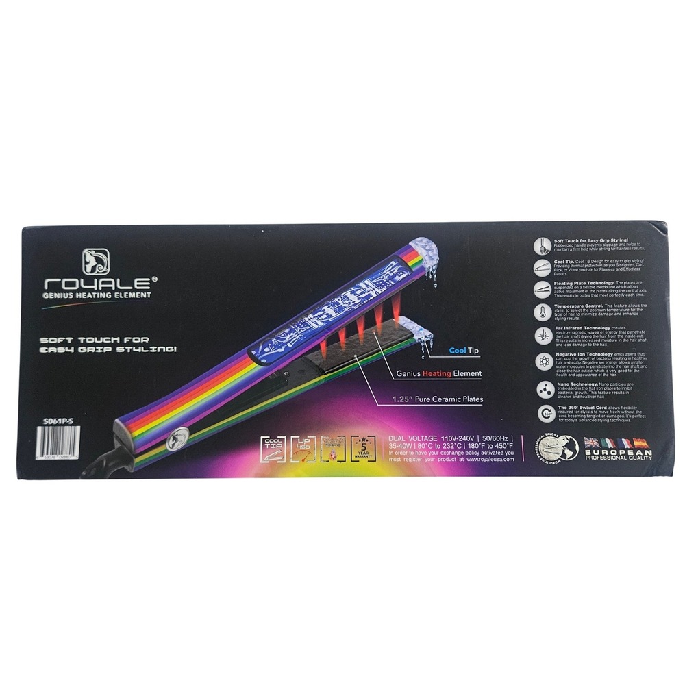 NEW Royale‎ Genius 1.25" Pure Ceramic Hair Straightener - Rainbow Edition - Picture 3 of 3